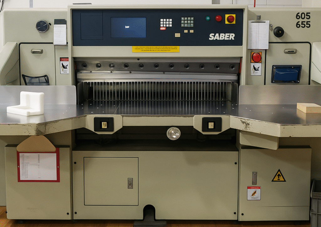 Saber 605/655 cutting machine in a production facility, showcasing its user interface and extended metal cutting surfaces