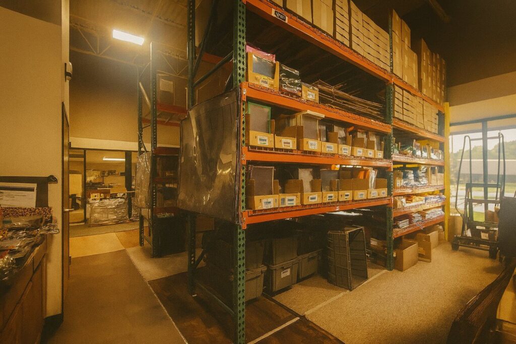 Warehouse aisle with organized shelving stocked with packaging supplies, boxes, and labeled inventory